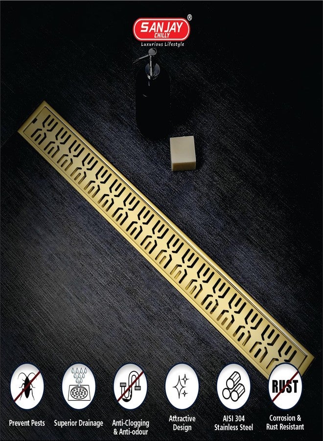 Sanjay Chilly Sharp Shower Channel Drainer Stainless Steel 304 Grade Waste Water Floor Drain Strainer with Cockroach Trap Bathroom Gratings Colour Collection (Center Hole - French Gold - 24x4 INCH) - Image 5